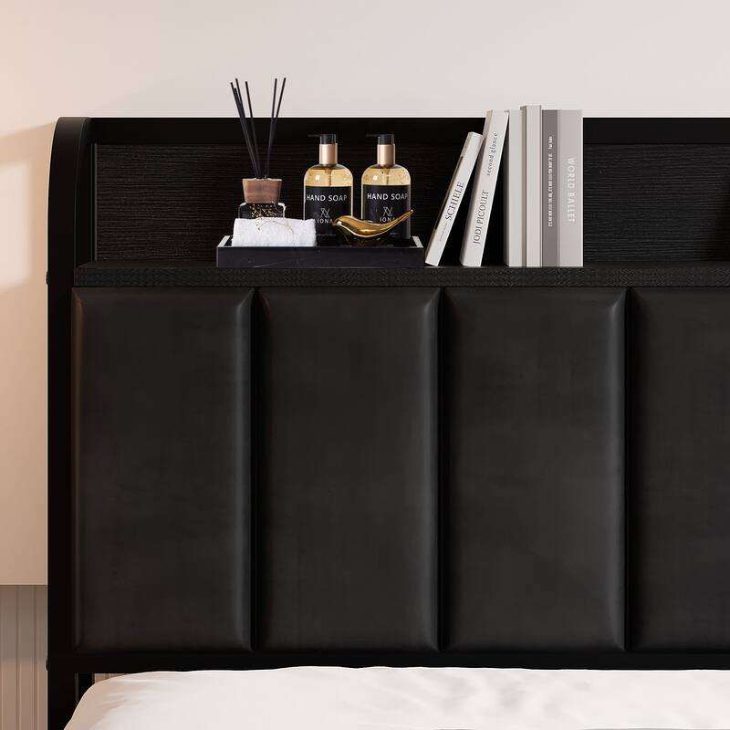 VECELO Upholstered Platform Bed Frame with Storage Headboard and Charging Station, Twin Full Queen Size