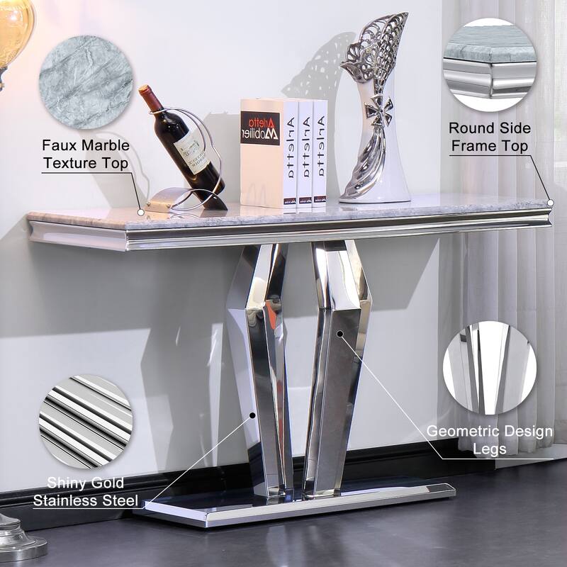 Luxury Rectangular Sofa Console Table Modern Living Room Entryway Table with Mirrored Gold Geometric Base