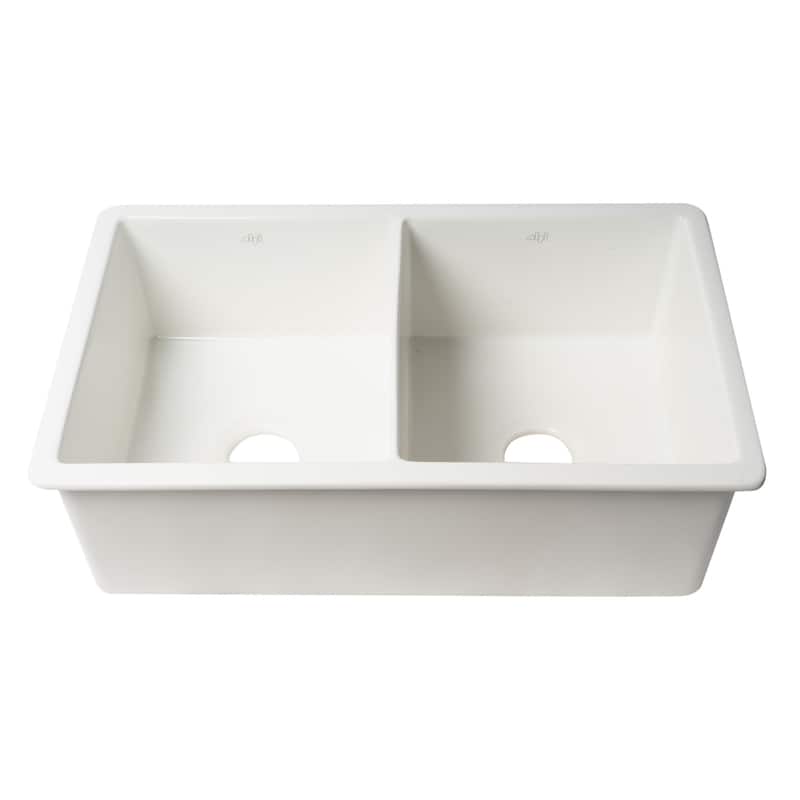 ALFI brand ABF3219DUD-W White 32" x 19" Double Bowl Fireclay Undermount / Drop In Fireclay Kitchen Sink