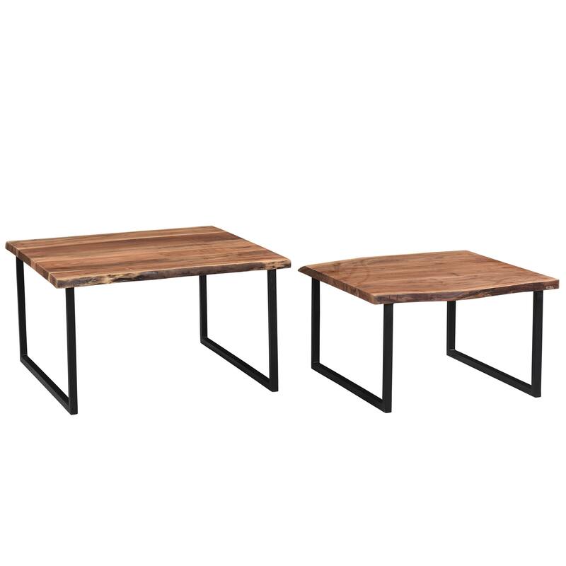 Rustic 2 Piece Solid Wood & Iron Coffee Table Set in Natural
