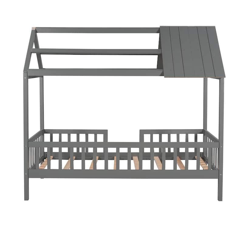 Twin Size House Bed with Fence, Semi-enclosed Play Platform Bed with Roof and Chimney Decoration, for Kids Bedroom
