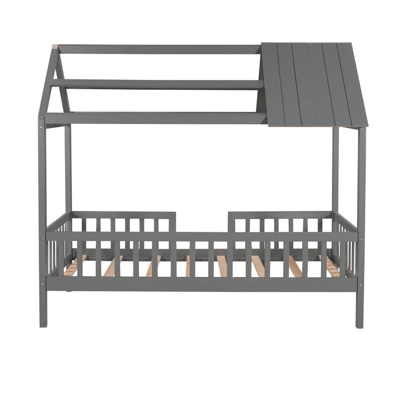 Twin Size White House Bed with Roof, Fence, and Sturdy Wood Frame