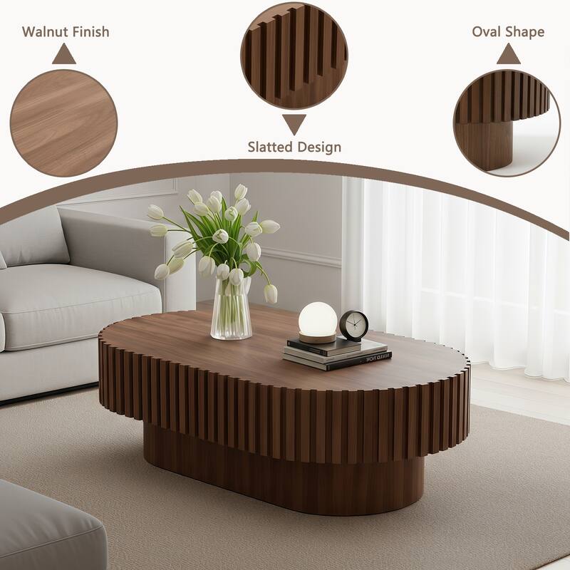 Oval Coffee Table for Living Room, Mid Century Modern Wooden Table with Pedestal, Unique Drum Tea Table Side Center Table