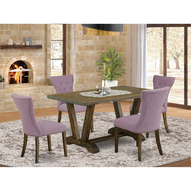 HomeStock 5-Piece Rectangle Natural Oak Finish Solid Wood Top Dining Table with 4 Upholstered-Chairs with Lattice Back