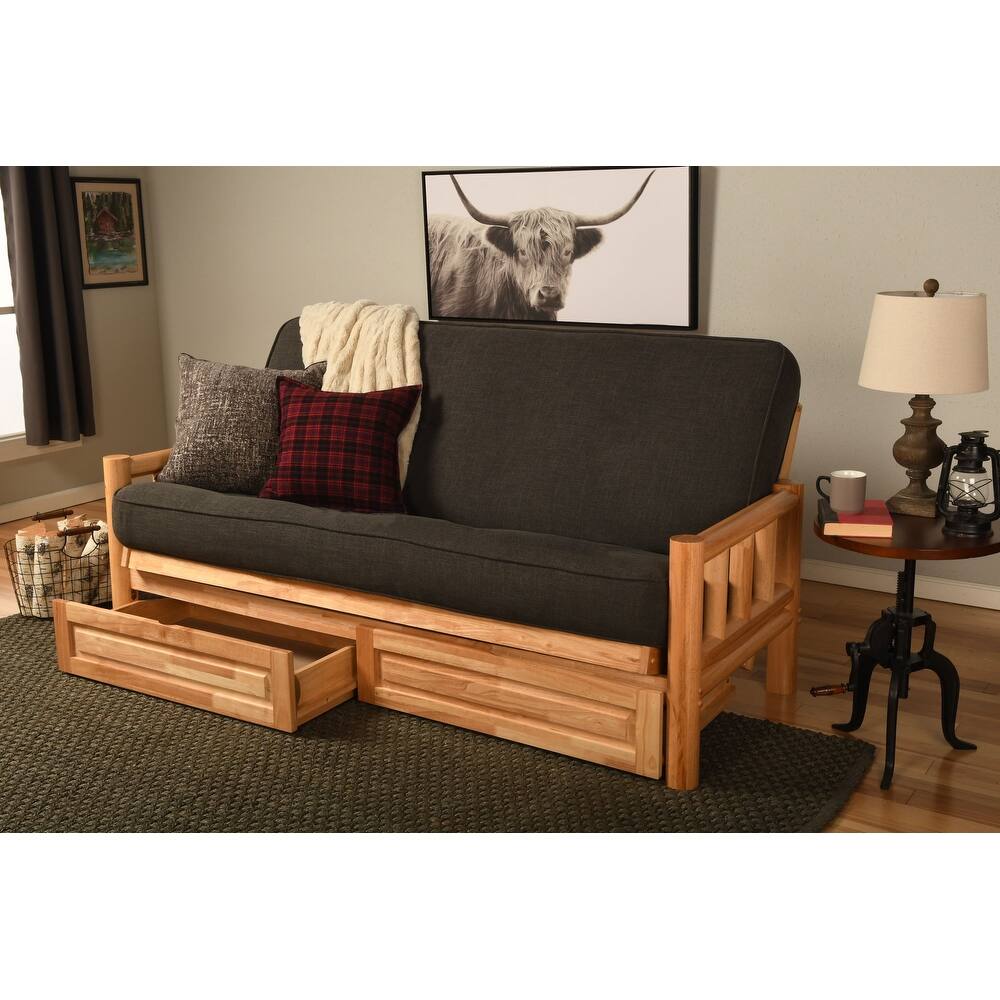 Somette Lodge Storage Futon Set in Natural Finish with Linen Mattress
