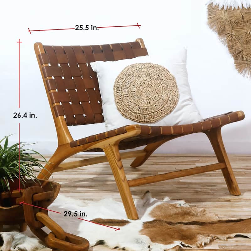 Brisot Square Weave Leather on Teak Wood Lounge Chair