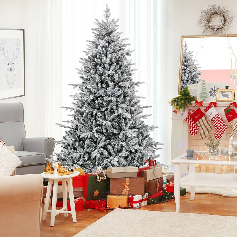 Gymax 4.5/6/7 FT Pre-Lit Artificial Christmas Tree Snow Flocked Full - 7 Foot