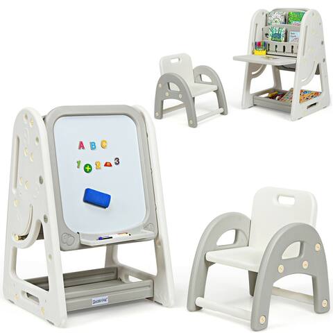 2 in 1 Kids Easel Desk Chair Set Book Rack Adjustable Art Painting Board - 25'' x 21'' x 30'' - 39'' (L x W x H)
