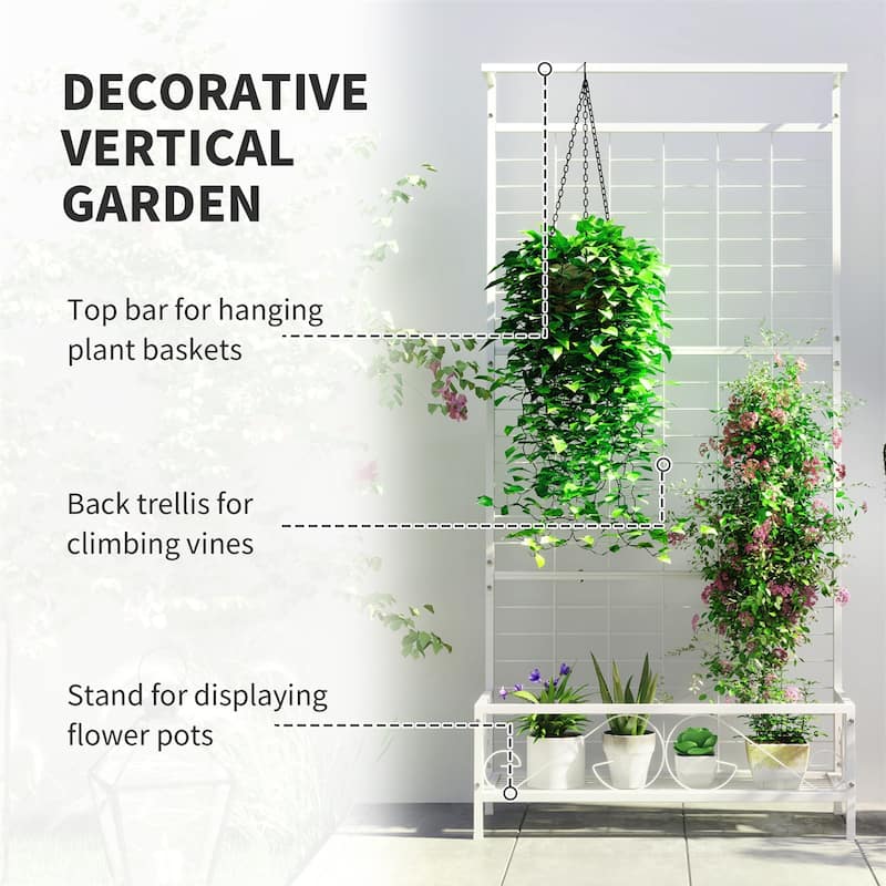 74-Inch Tall Steel Flower Stand with Trellis and Hanging Basket Roof for Garden Patio Plants - 36.2" W x 12.8" D x 74.2" H