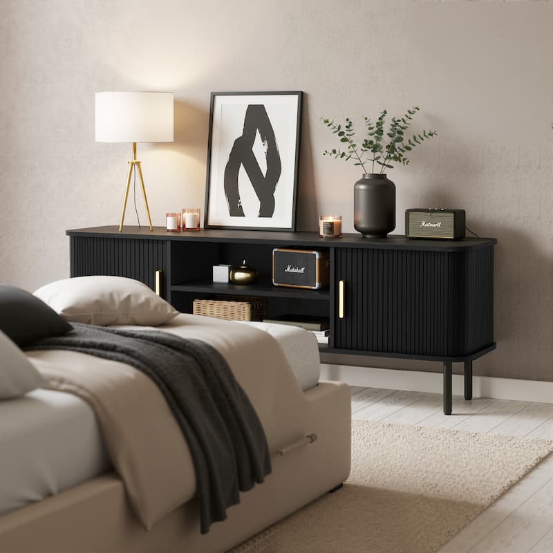 Mid-Century Modern Media Console, Tambour TV Stand with Storage Cabinet and Shelf