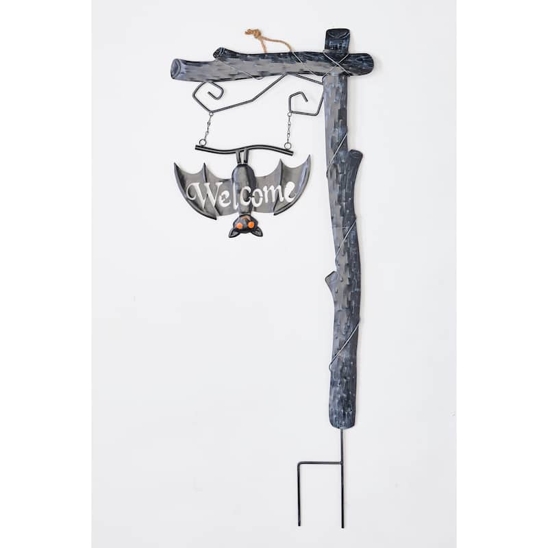 37" Metal Halloween Welcome Sign Post with Bat Outdoor Yard Stake