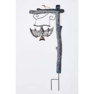37" Metal Halloween Welcome Sign Post with Bat Outdoor Yard Stake