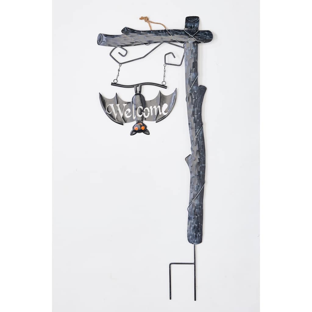 37" Metal Halloween Welcome Sign Post with Bat Outdoor Yard Stake