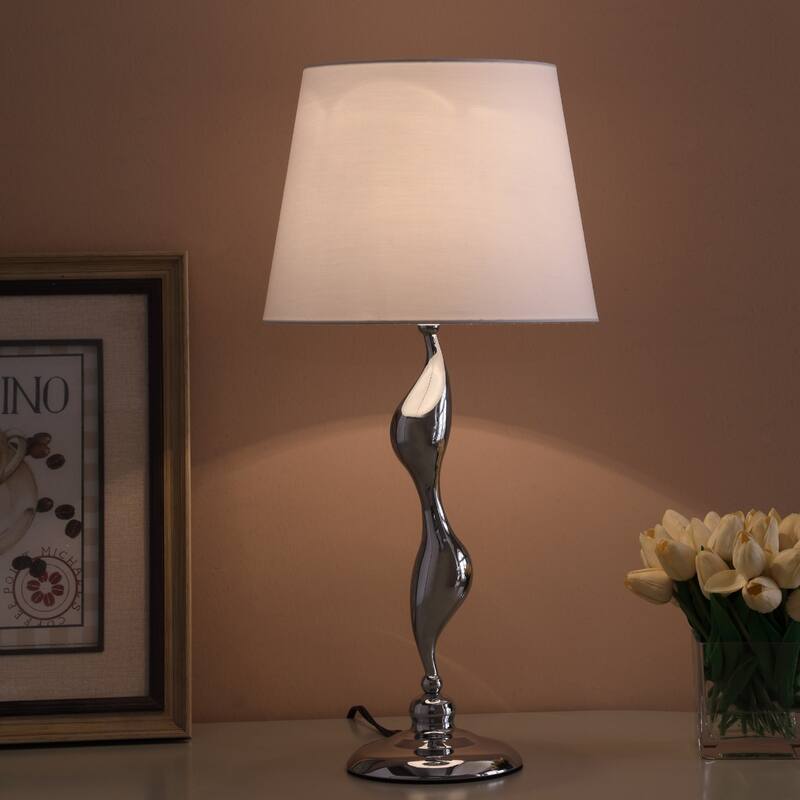 Silver Metal Bedside Lamp with White Linen Empire Shade - 12” x 12” x 24” (D x W x H)