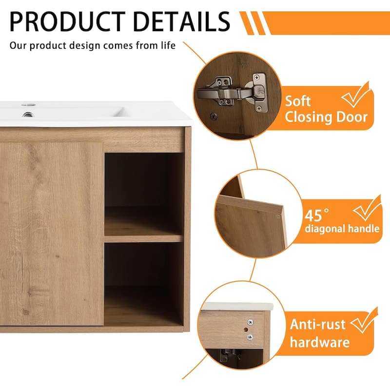 Bathroom Vanity With Sink In 24/30 Inch, Floating Bathroom Vanity With Soft Close Door