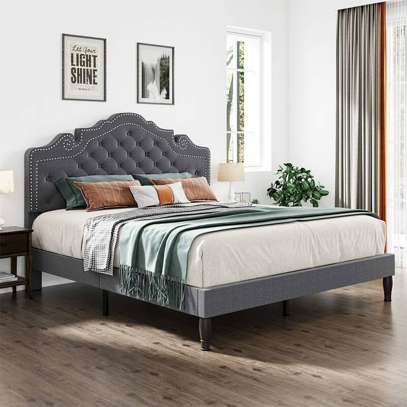 Queen Bed Frame with Diamond Button Adjustable Headboard, Dark Grey - Grey - Queen