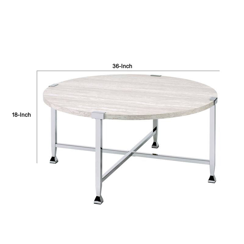 Coffee Table with X Shaped Metal Base and Round Wooden Top,Silver and Beige