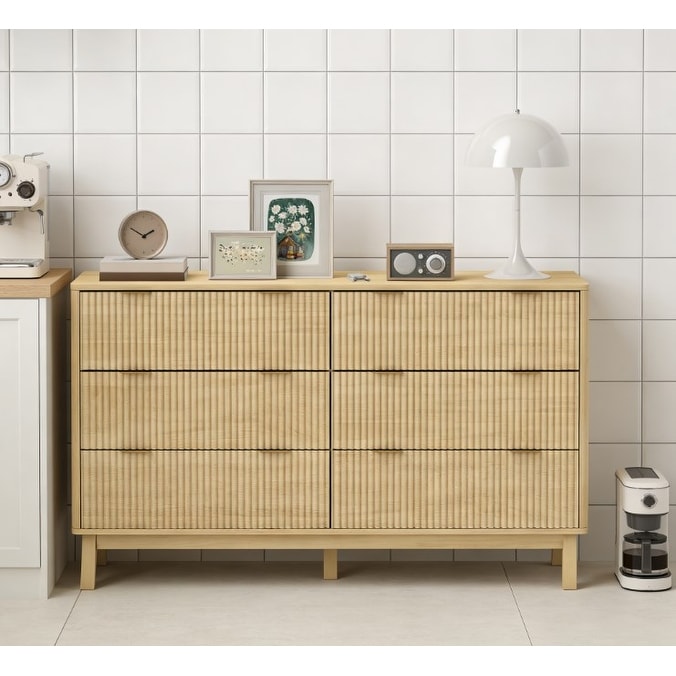 6 Drawer Dresser for Bedroom Fluted Panel Design Modern Storage with Gold Pulls