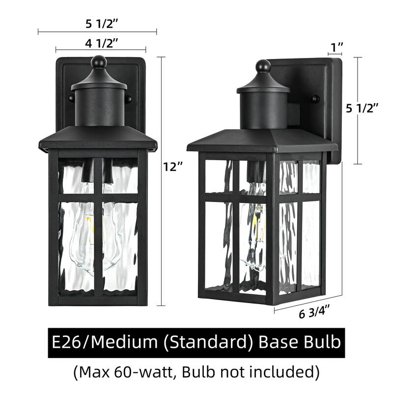 12 in. Black 1-Light Outdoor Wall Lantern Sconce with Water Wave Glass Shade