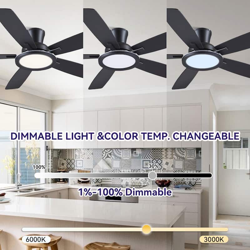 52/54 Inch Flush Mount Low Profile Ceiling Fan with Light,Remote and App Control
