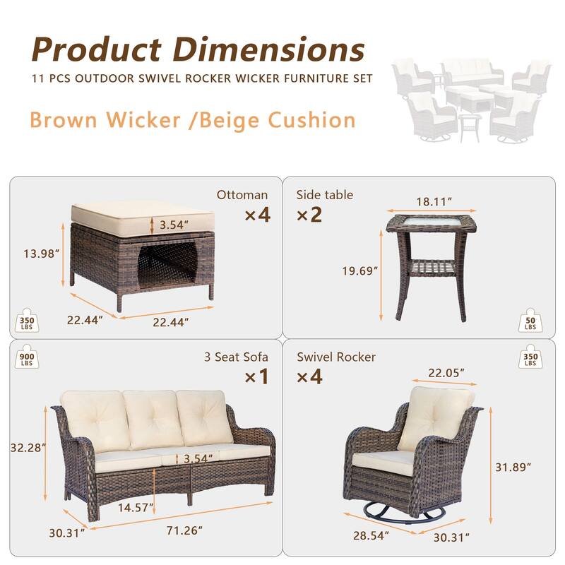 11 Piece Rattan Wicker Outdoor Patio Furniture with Swivel Chairs Set