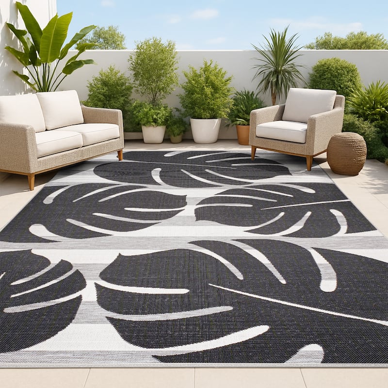 JONATHAN Y Allison Classic Beach Stripe and Monstera Leaf Indoor/Outdoor Area Rug