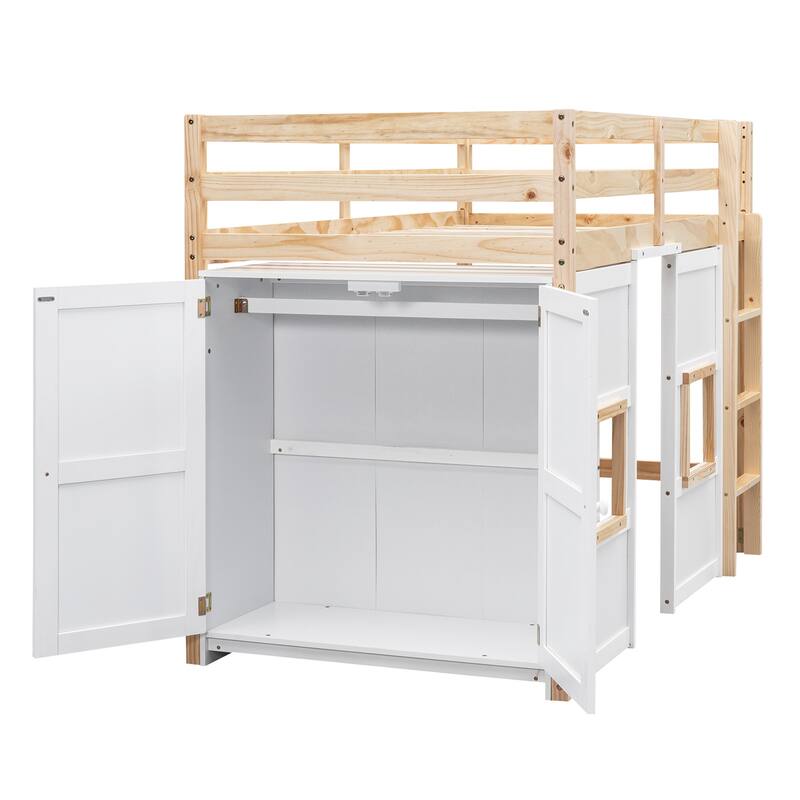 Wood Loft Bed Twin Size with Storage Wardrobe & 2 Windows Design