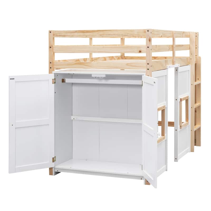 Wood Twin Size Loft Bed with Built-in Storage Wardrobe and 2 Windows w/Full-Length Guardrails, No Boxing Spring Needed