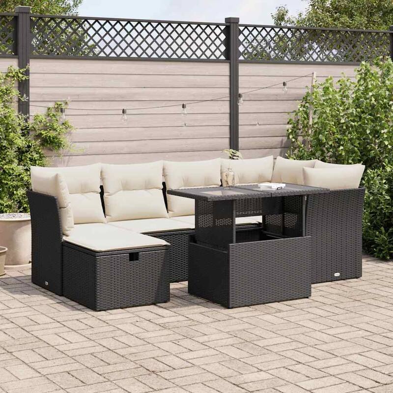 7 Piece Outdoor Sofa Set with Cushions - 21.7 x 39.4 x 28.7 in - Black and cream with storage