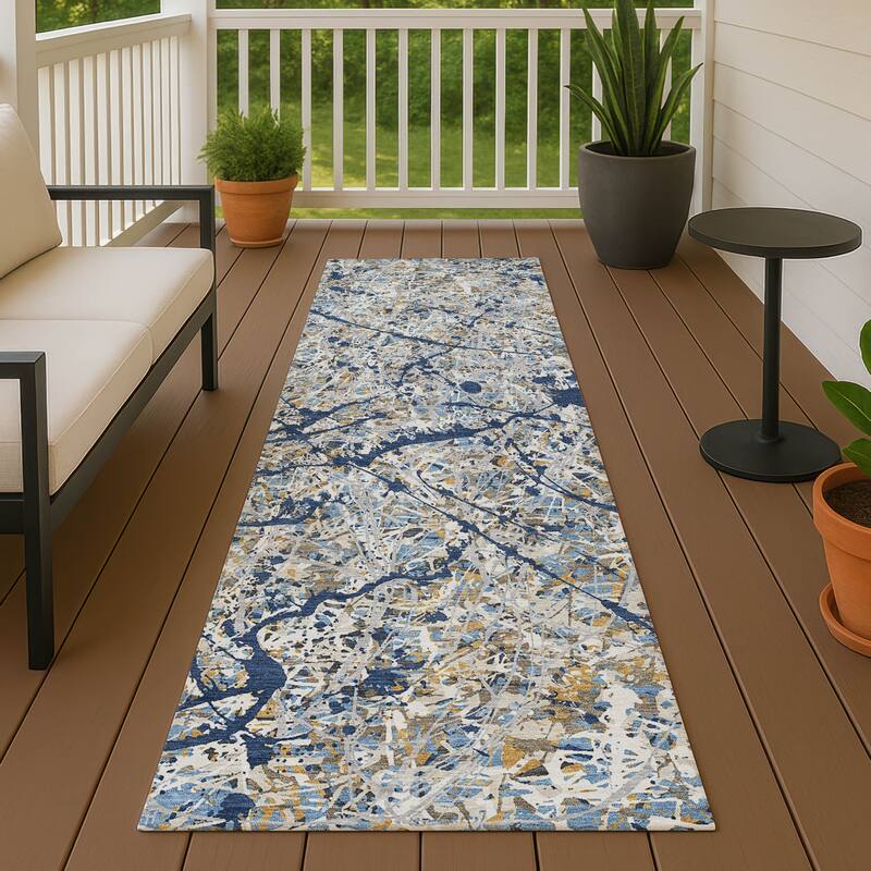 Machine Washable Indoor/ Outdoor Modern Splatter Chantille Rug - Navy - 2'3" x 7'6"