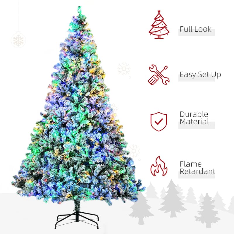 HOMCOM 9ft Tall Prelit Artificial Christmas Tree Holiday Décor with 1939 Snow Flocked Branches, 9Steel Base - 8.85 ft