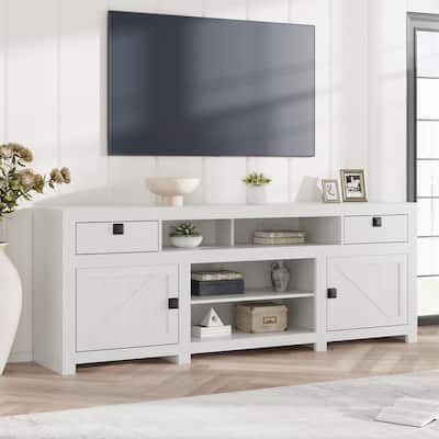 Farmhouse TV Stand for 80 Inch TVs, Long Entertainment Center with 4 Storage Drawers & 3 Open Shelf, White