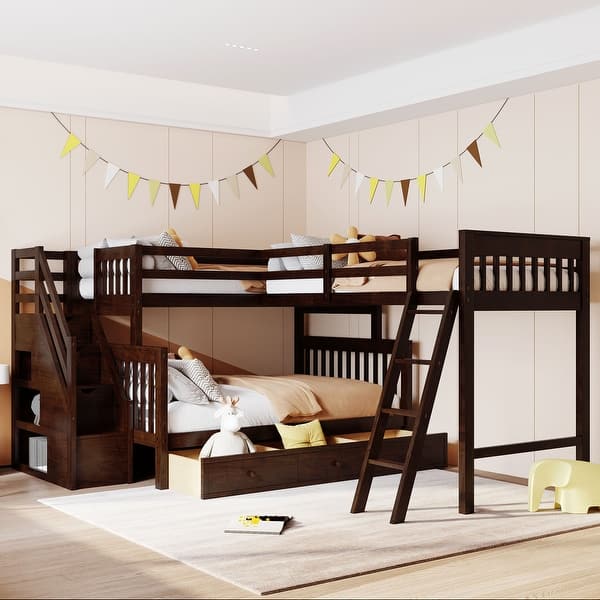 slide 2 of 14, L Shaped Solid Wood Bunk Bed for Kids, Twin-Twin Over Full Triple Bed Frame w/3 Drawers, Storage Ladder & Full-Length Guardrail Espresso - Full