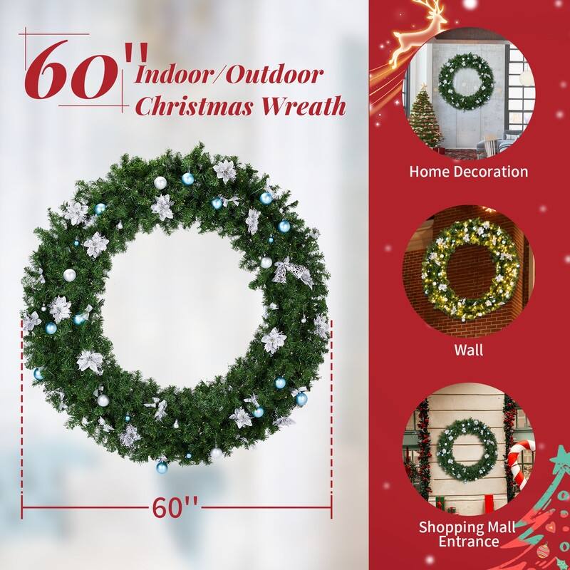Pre-lit Christmas Wreath, Lighted Artificial Xmas Wreath with Lights and DIY Ornaments, for Xmas Party Decorations