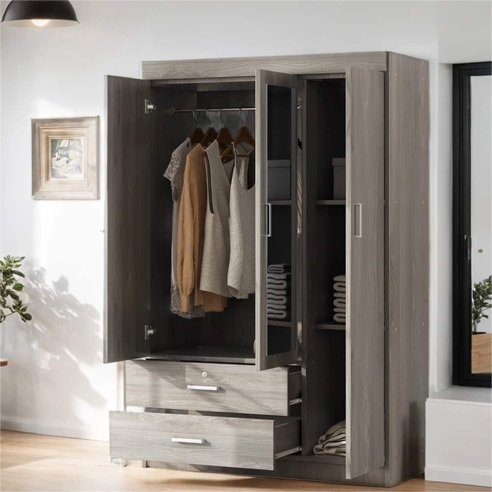 Wood Wardrobe with Shelves and Dressing Mirror