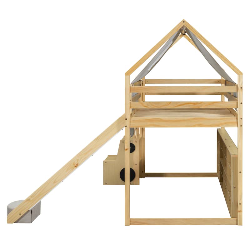 House-shaped Twin Loft Bed with Tent, Slide, and Storage in Natural+Beige