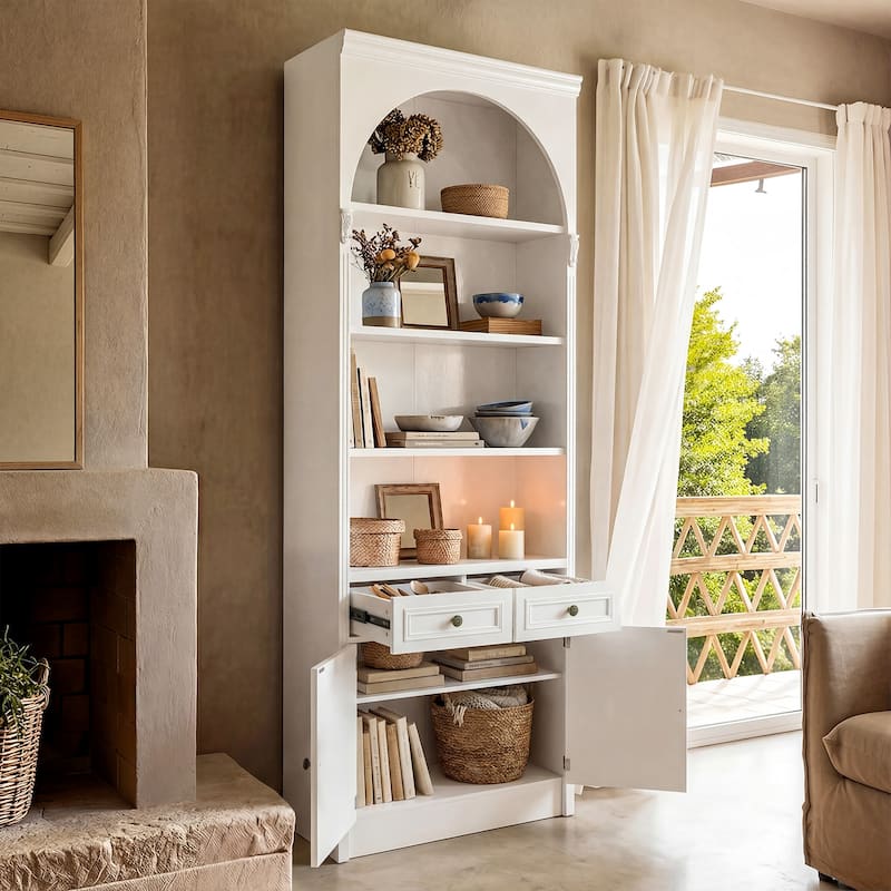 Modular White Bookcase with LED Lights & Glass Doors, 86.6" Tall Arched Display Cabinet Solid WoodStorage Cabinet