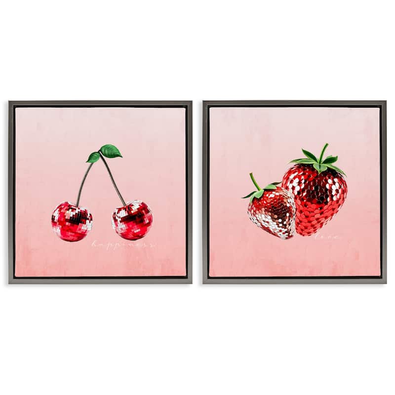 Stupell Happiness & Love Disco Fruits Framed Floater Canvas Wall Art Design By Kim Allen (Set of 2) - 18 x 18 - Grey