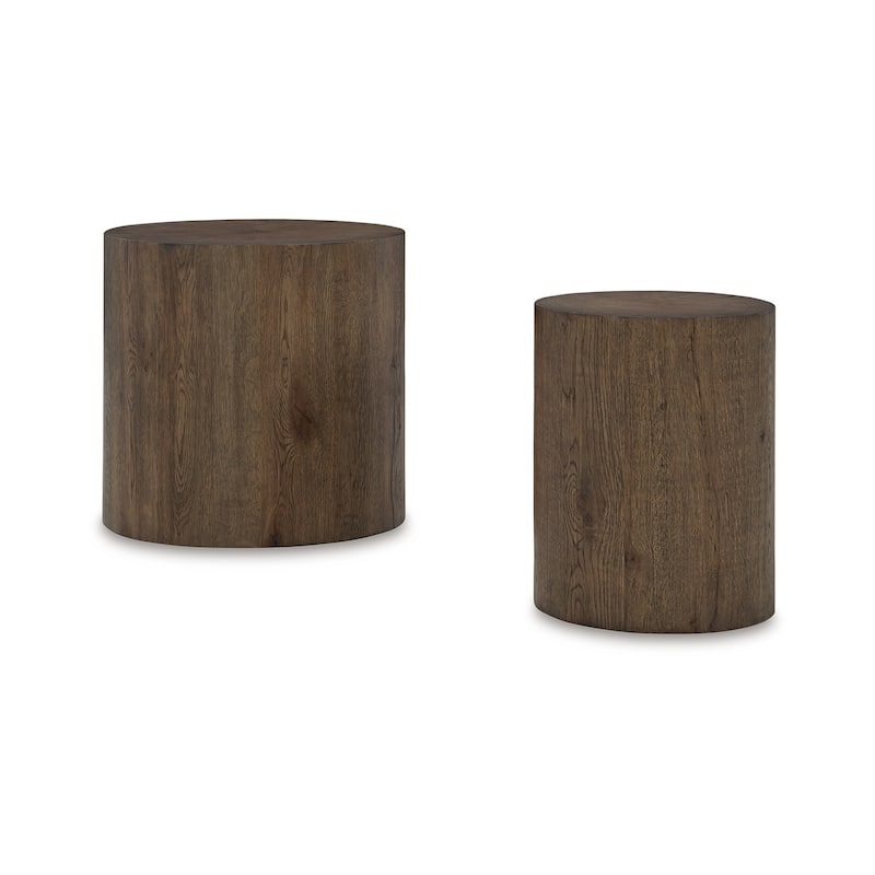 Accent Table Set of 2, Farmhouse Wood Log Shape, Rich Oak Brown Finish