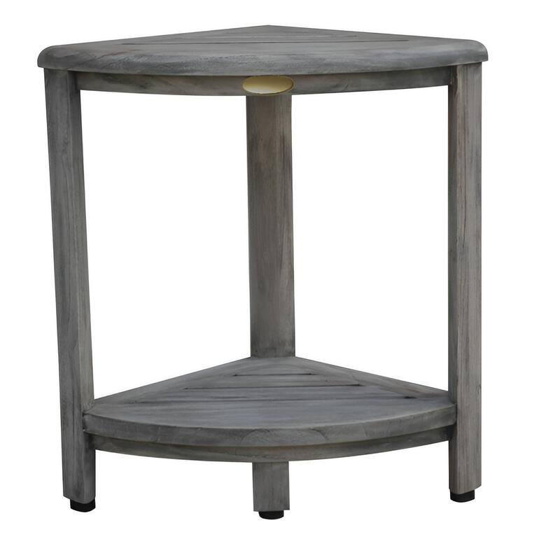 HomeRoots 17" Gray Teak Corner Shower Bench With Shelf