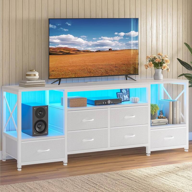 TV Stand with LED Lights Power Outlets Dresser Fabric Drawers Entertainment Center - 	‎63" - 6 PU Drawers & Open Shelves