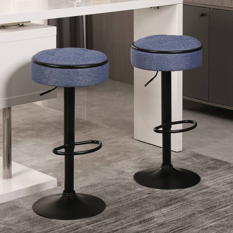 Round Storage Bar Stool Set of 2, Linen Height Adjustable Barstool, 360°Counter Height Swivel Stool - Blue