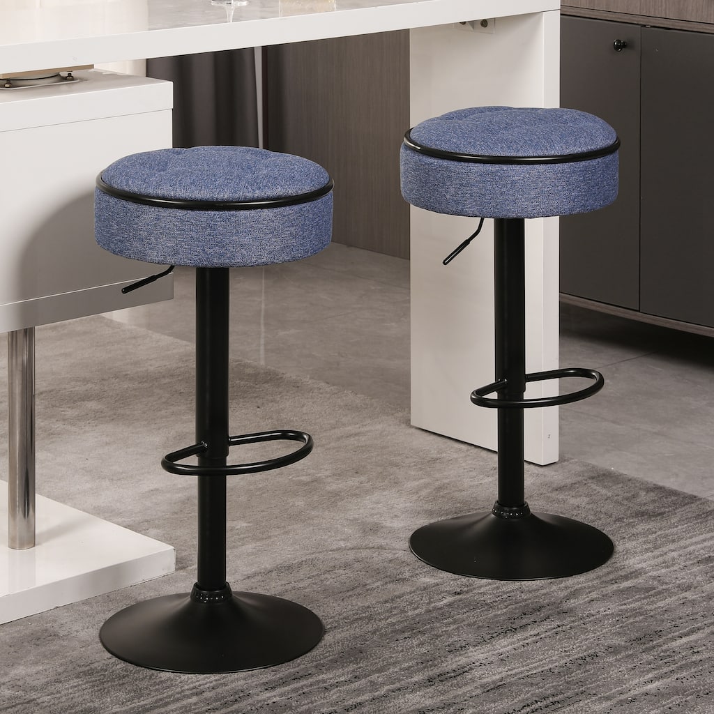 Round Storage Bar Stool Set of 2, Linen Height Adjustable Barstool, 360°Counter Height Swivel Stool