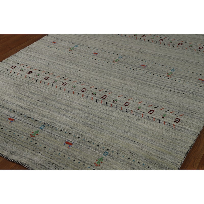 Gabbeh Indian Area Rug Handmade Striped Green Wool Carpet - 5'6" x 8'0"
