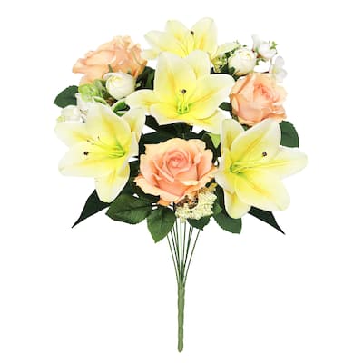 Set of 2 Yellow Peach Artificial Mixed Rose Lily Blossom Flower Stem Bush Bouquet 20in - 20" L x 13" W x 13" DP