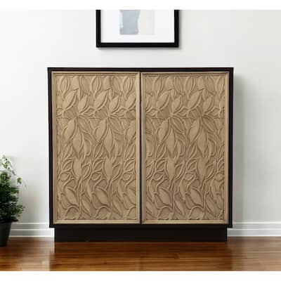HomeRoots 32" Dark Brown And Natural Carved Floral Sideboard with Two Doors