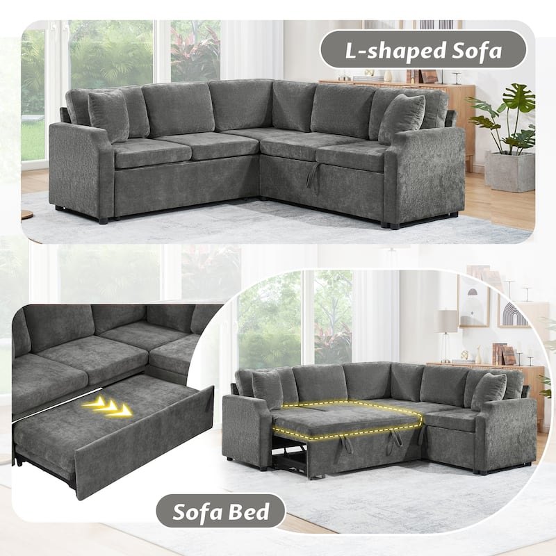L-Shaped Sectional Sofa Bed, Chenille Upholstered Sleeper Sofa with Hidden Storage Compartment, 4 Seater Corner Sectional Sofa