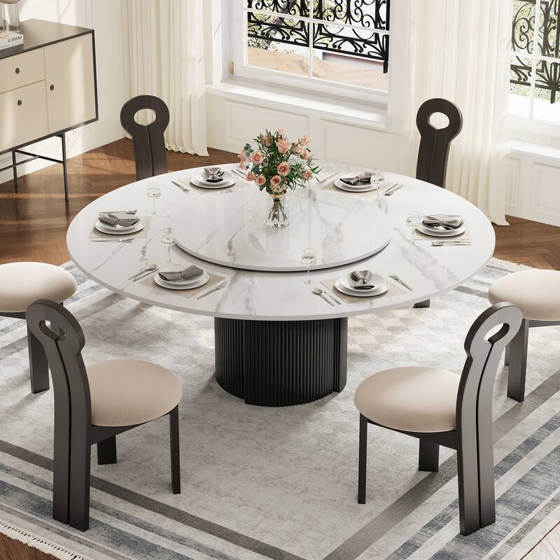 59" Modern Round Dining Table for 6-8, Glossy White Sintered stone Table top, Steel Grille column base - White+Lazy Susan