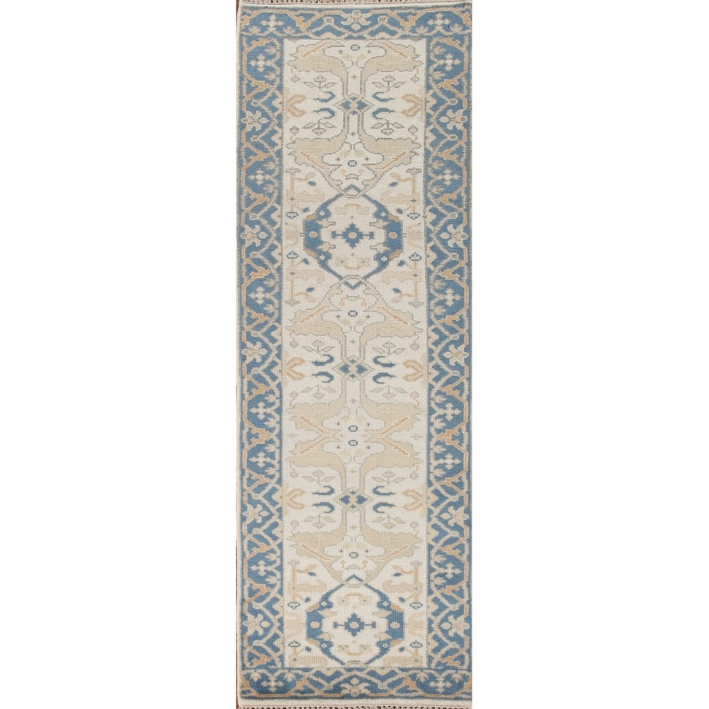 Floral Beige Oushak Style Runner Rug Hand-knotted Wool Carpet - 2'6"x 9'9"