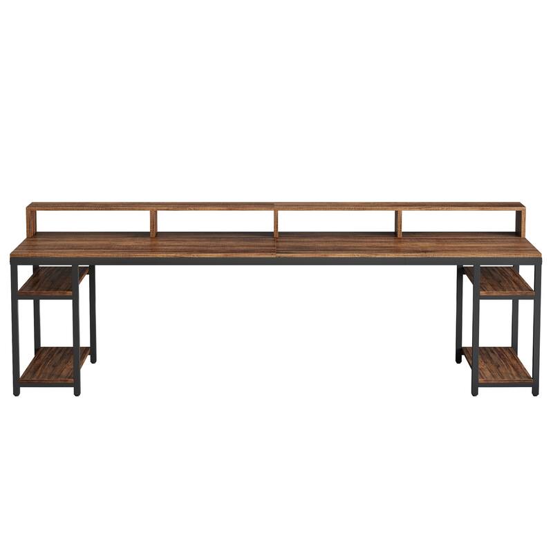 2 people Desk with Monitor Stand, 78" Office Desk with Storage Shelves (Rustic Brown)